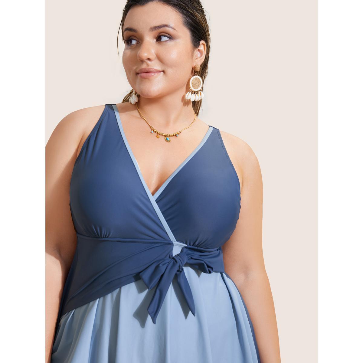 Plus Size Contrast V Neck Tie Knot Swim Dress Women's Swimwear Indigo Beach Bodycon V-neck High stretch Curve Swim Dresses BloomChic 10/M Product Image