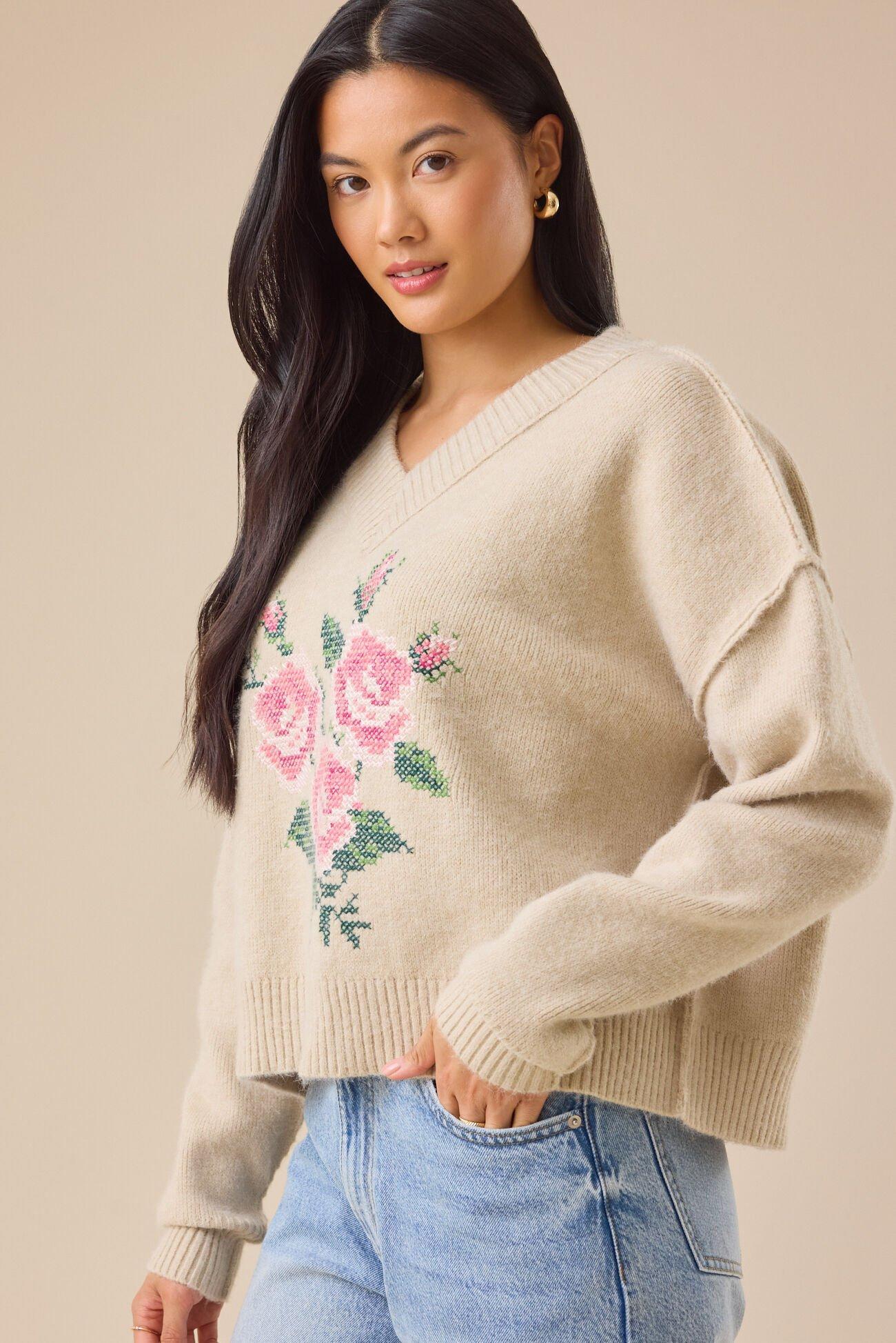 Trisha V-Neck Floral Sweater Product Image