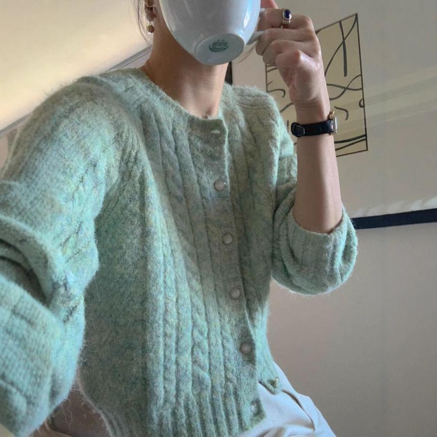 Round Neck Plain Cable Knit Cardigan Product Image