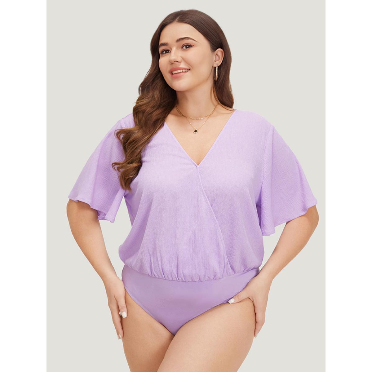 Plus Size Solid Ruffle Sleeve V Neck Ruched Bodysuit Women Lilac Plain Plain Bodysuits BloomChic 18-20/2X Product Image