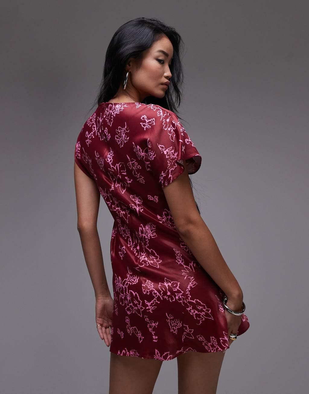 Topshop ruched side grown on shoulder mini dress red print Product Image