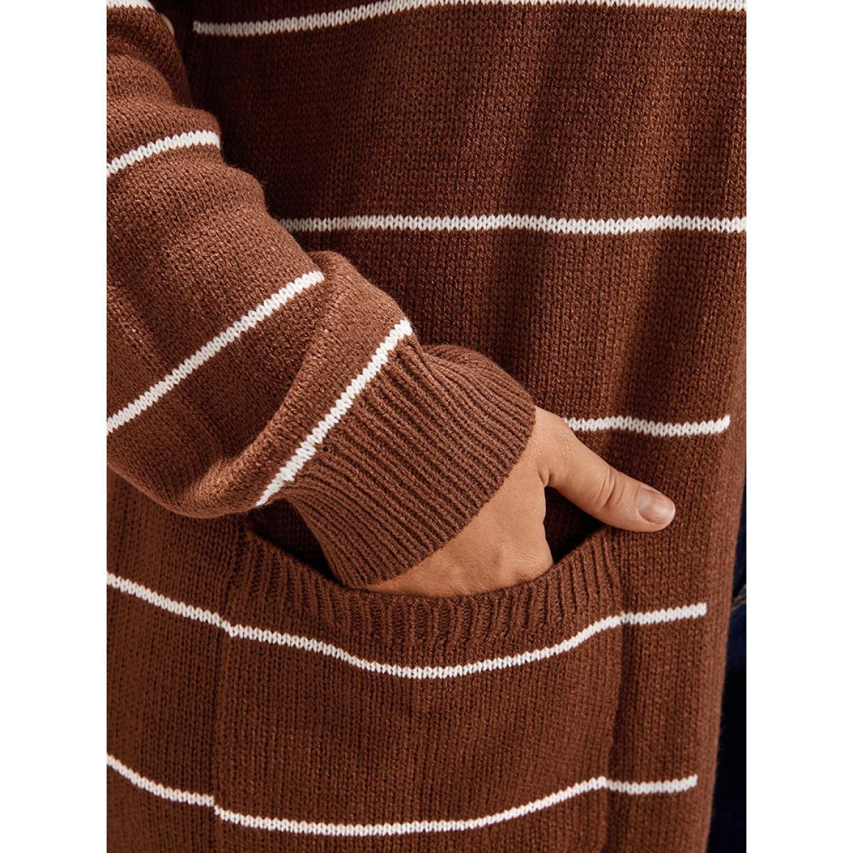 Plus Size Striped Pointelle Knit Button Side Pocket Open Front Cardigan Rust Women Casual Loose Long Sleeve Work Cardigans BloomChic 28/5X Product Image