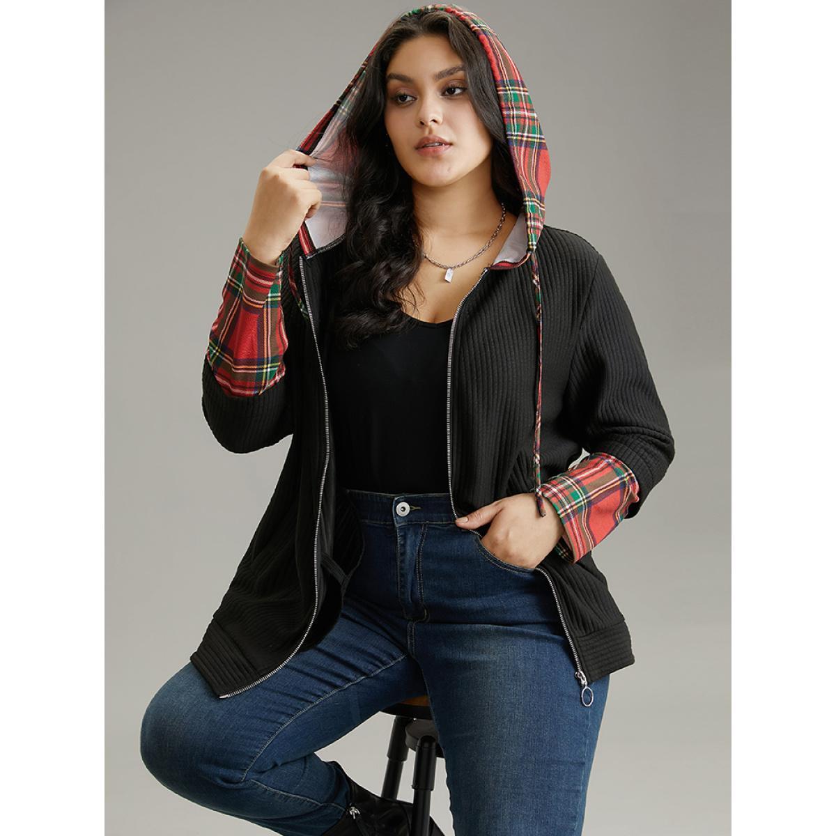 Plus Size Christmas Plaid Patchwork Hooded Zipper Sweatshirt Women Black Casual Contrast Hooded Dailywear Sweatshirts BloomChic 22-24/3X Product Image
