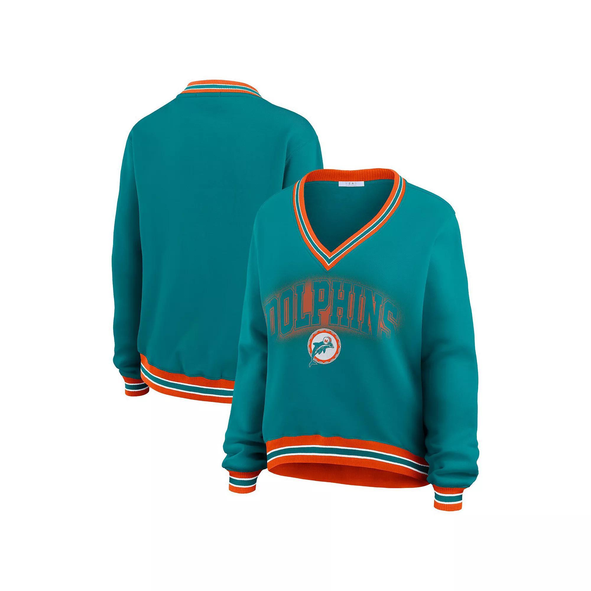 Womens WEAR by Erin Andrews Aqua Miami Dolphins Oversized Long Sleeve V-Neck Sweatshirt Turquoise A Product Image