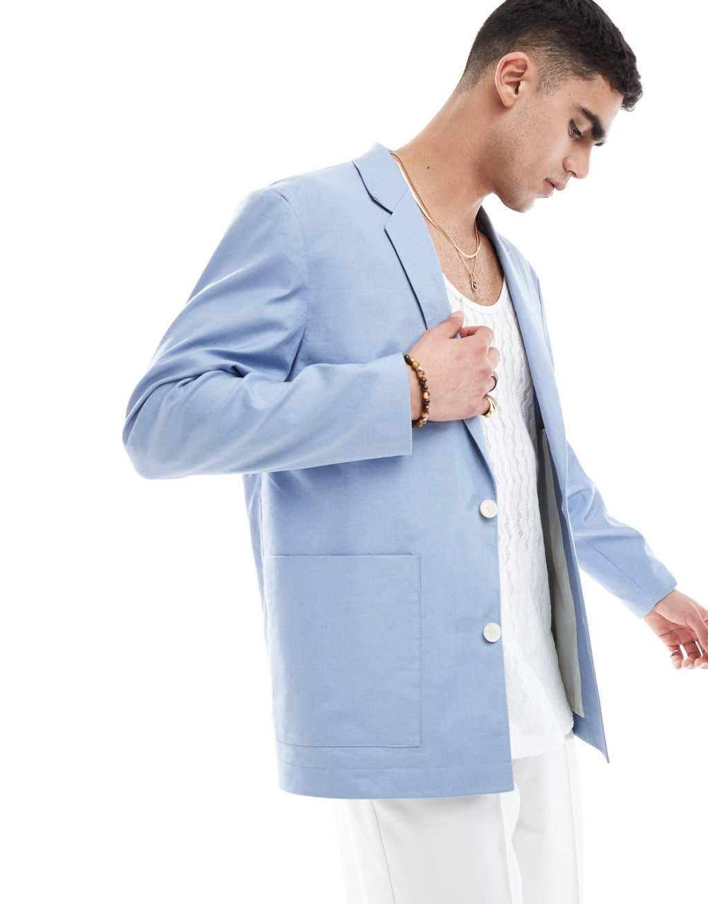 ASOS DESIGN slouchy oversized blazer in pale blue linen mix Product Image
