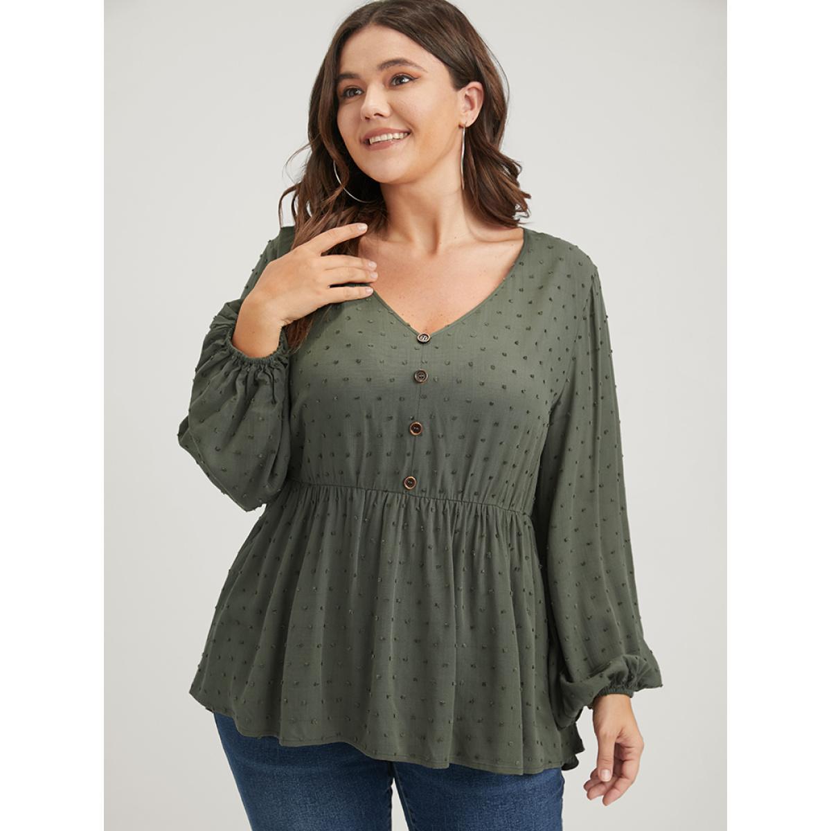 Plus Size ArmyGreen Polka Dot Flutter Button Detail Lantern Sleeve Blouse Women Elegant Long Sleeve V-neck Dailywear Blouses BloomChic 18-20/2X Product Image