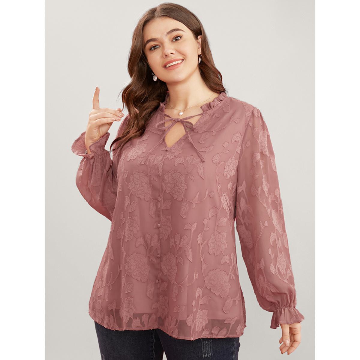 Plus Size DustyPink Floral Print Tie Neck Frill Trim Lantern Sleeve Blouse Women Glamour Long Sleeve V-neck Dailywear Blouses BloomChic 14-16/1X Product Image