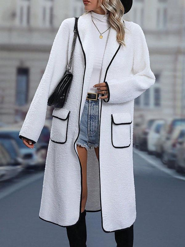 Long Sleeves Loose Contrast Color Pockets Split-Joint Round-Neck Outerwear Product Image