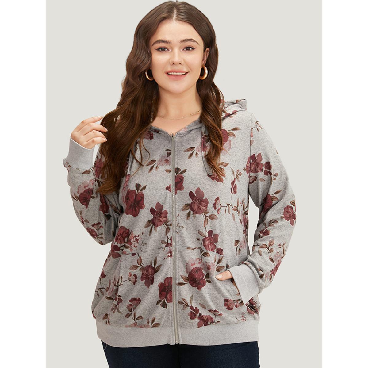 Plus Size Floral Print Pocket Drawstring Hooded Sweatshirt Women Gray Casual Printed Hooded Dailywear Sweatshirts BloomChic 28/5X Product Image