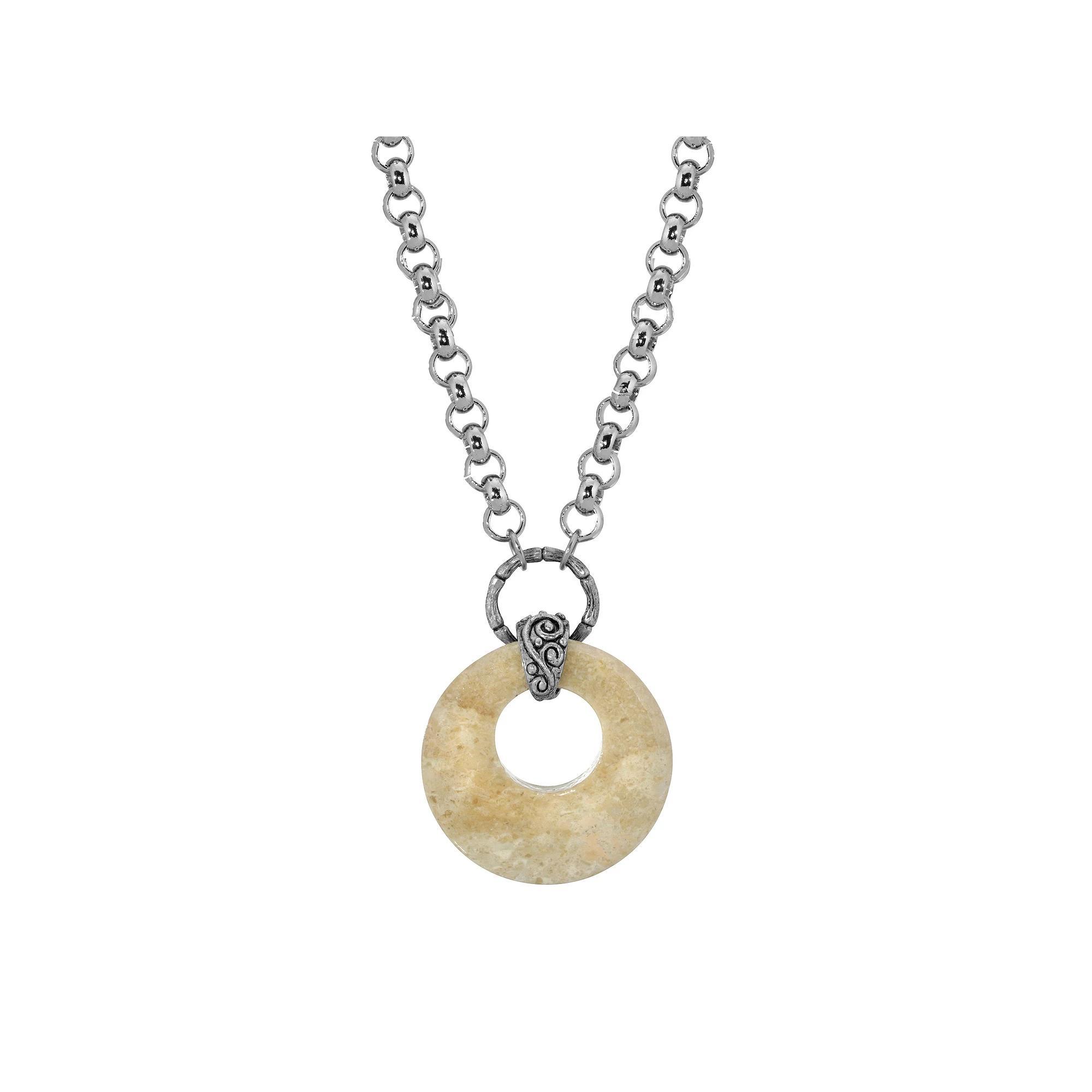 1928 Silver Tone Riverstone Round Stone Pendant Necklace, Womens Brown Product Image