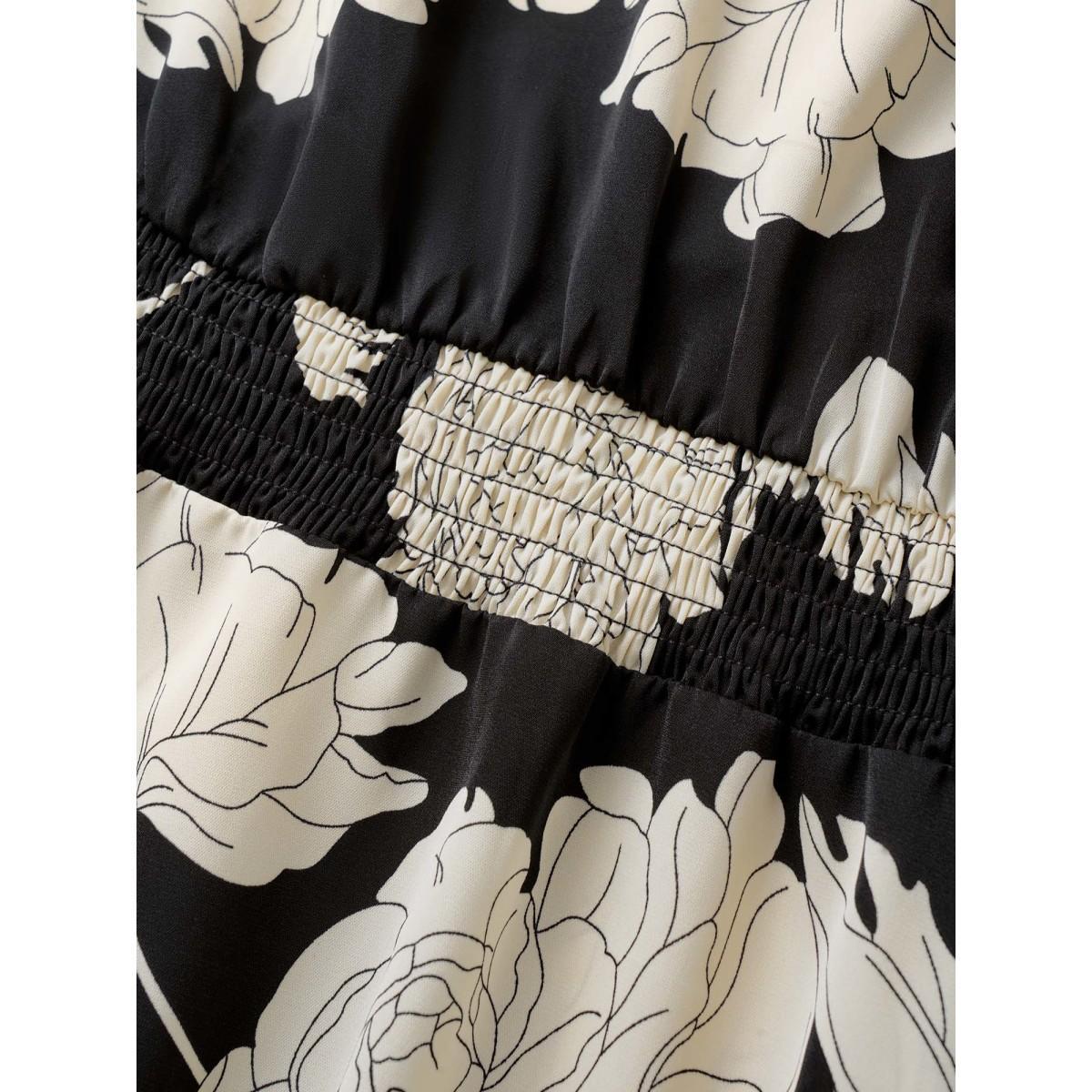Plus Size Floral Print Notched Belted Flutter Sleeve Dress Black Women Elegant Non Notched collar Short sleeve Curvy Midi Dress BloomChic 18-20/2X Product Image