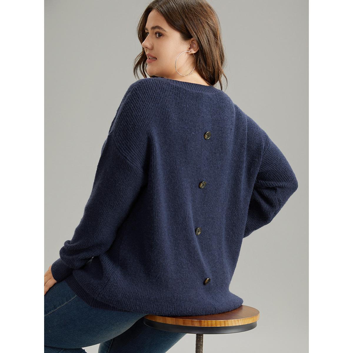 Plus Size Anti-Pilling Solid Cable Knit Button Detail Pullover Indigo Women Casual Loose Long Sleeve V-neck Dailywear Pullovers BloomChic 22-24/3X Product Image