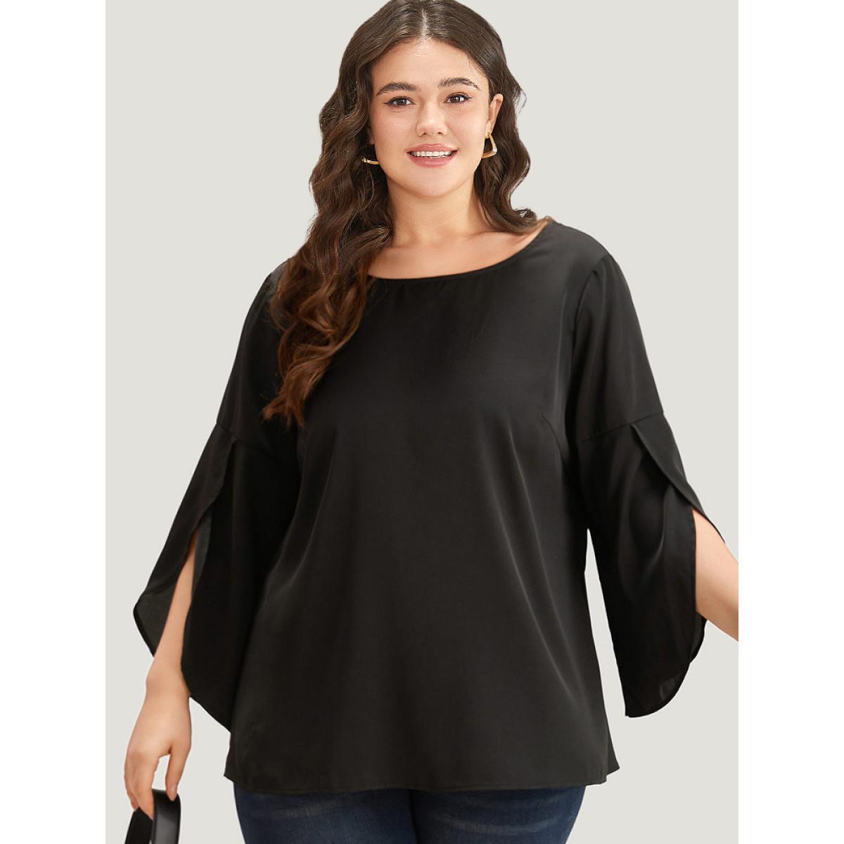Plus Size DarkGreen Plain Wrap Flutter Sleeve Crew Neck Blouse Women Office Elbow-length sleeve Round Neck Work Blouses BloomChic 22-24/3X Product Image