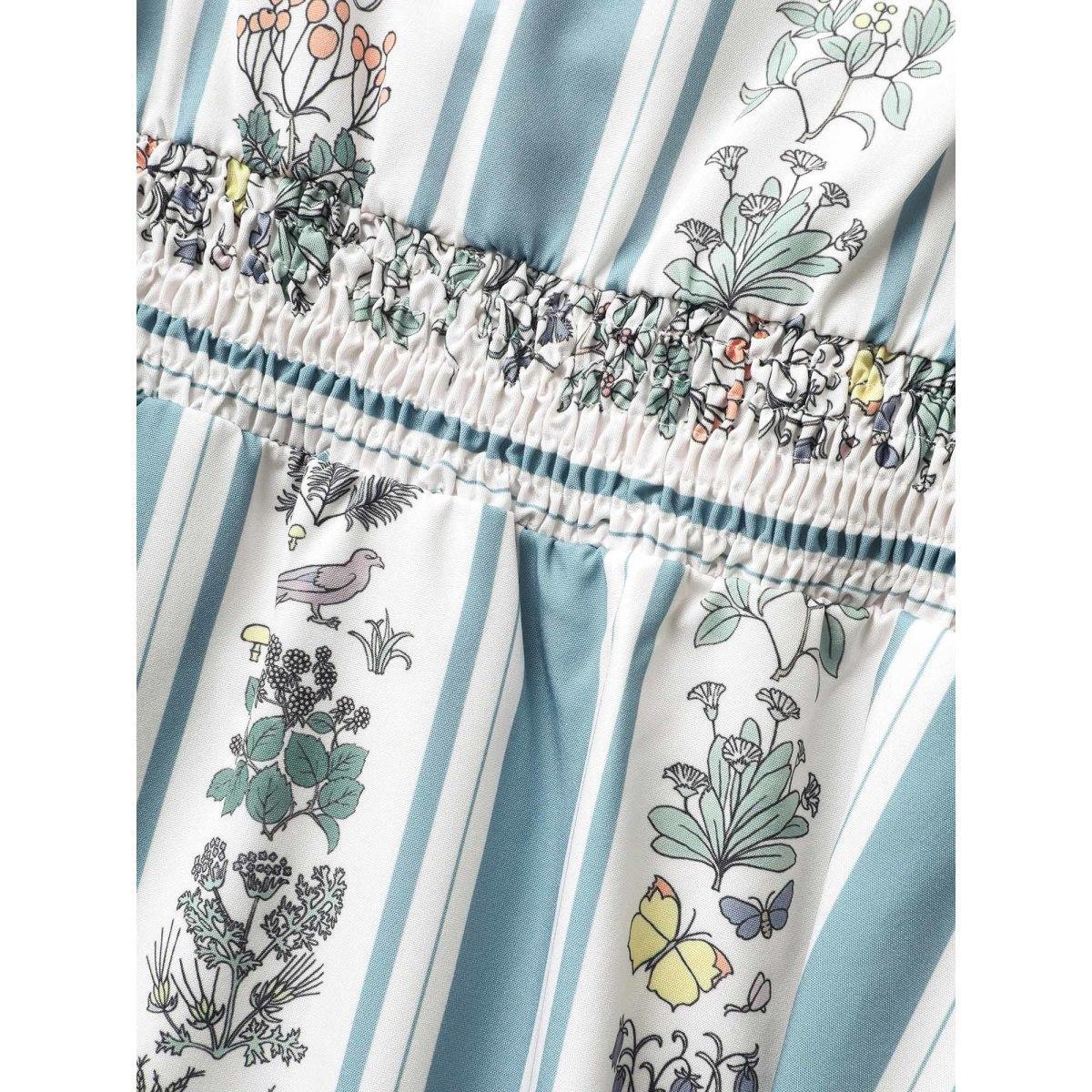 Plus Size Floral Patchwork Striped Shirred Puff Sleeve Dress LightBlue Women Elegant Gathered Heart neckline Short sleeve Curvy BloomChic 12/L Product Image