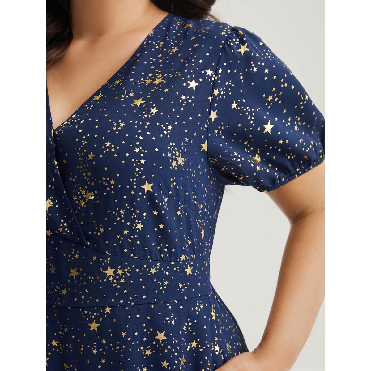 Plus Size Starry Sequins Ruffled Hem Midi Dress Navy Women V-neck Short sleeve Curvy BloomChic 14-16/1X Product Image