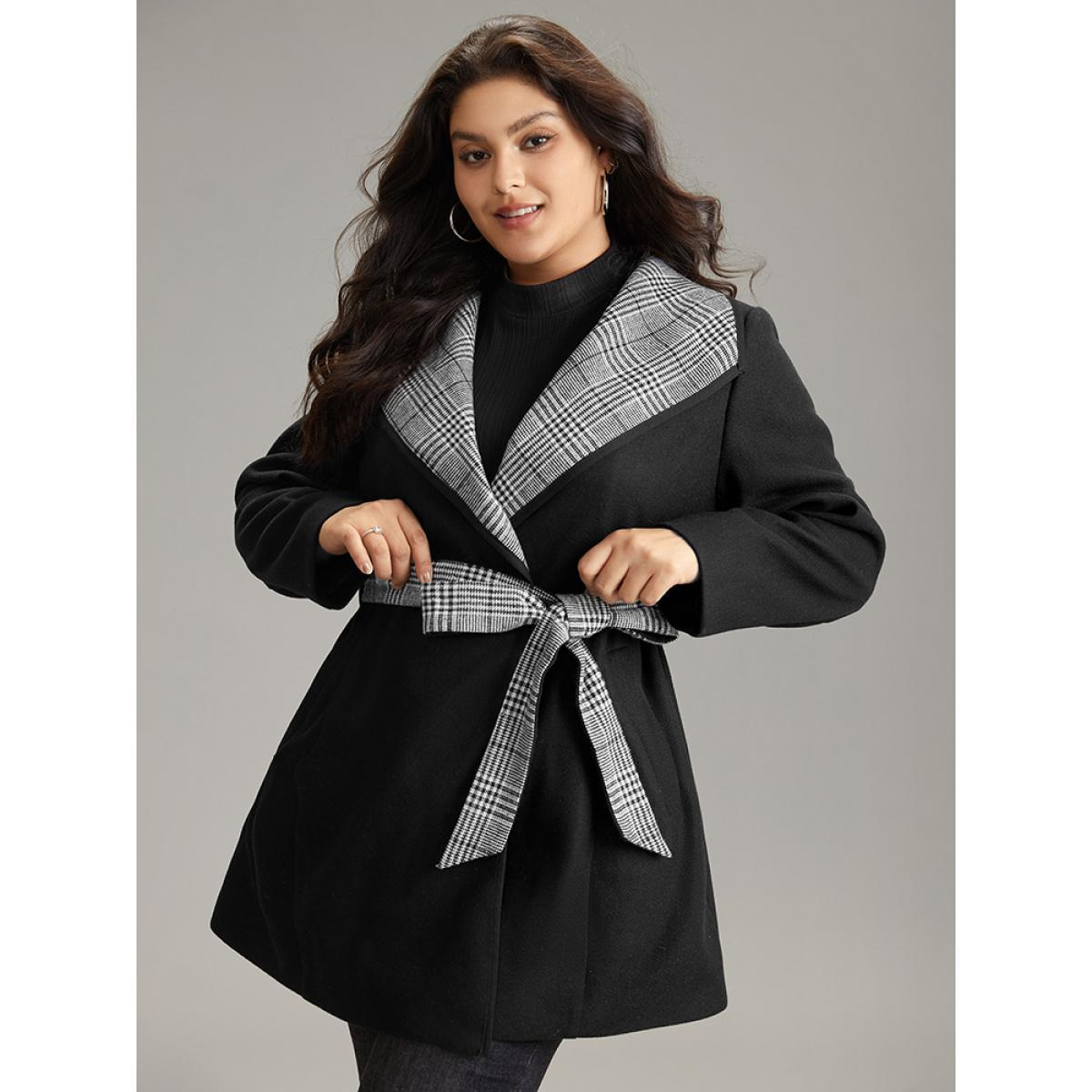 Plus Size Lapel Collar Patchwork Belted Contrast Coat Women Black Casual Lined Ladies Everyday Winter Coats BloomChic 22-24/3X Product Image