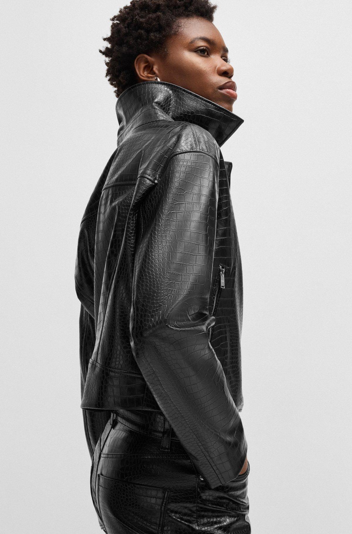 BOSS - Crocodile-embossed biker jacket in faux leather - Black Product Image