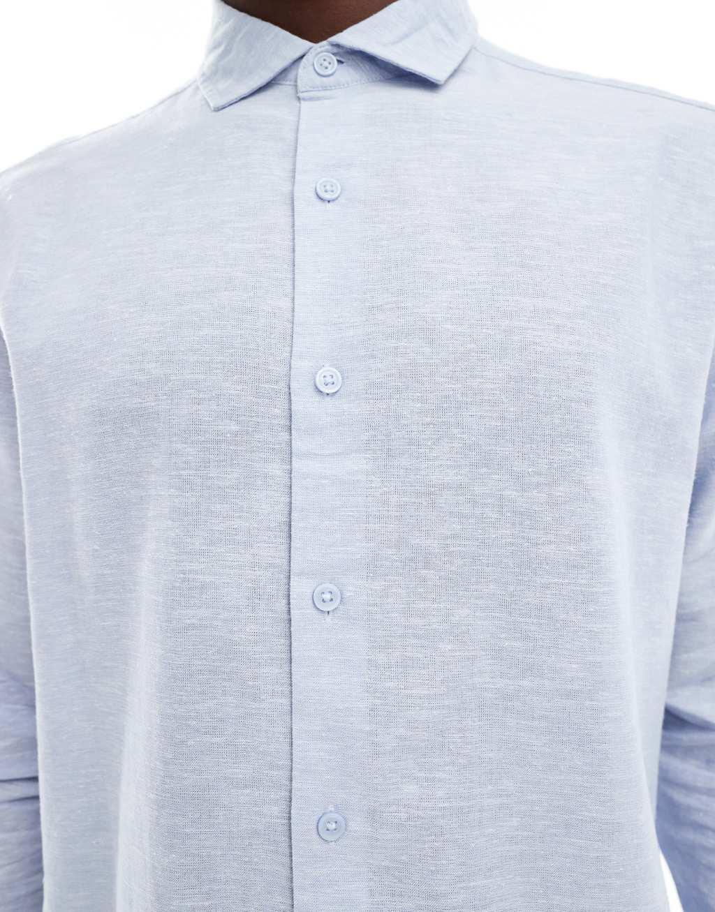 ASOS DESIGN regular smart linen wedding shirt with cut-away collar in light blue Product Image