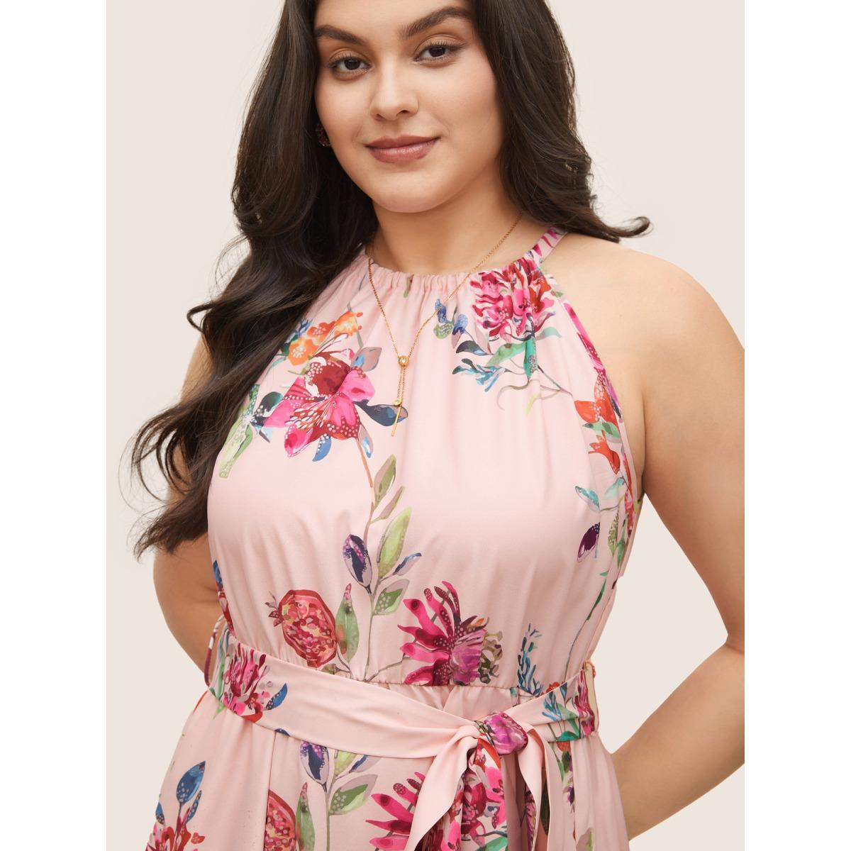 Plus Size Citrus Fruit Print Halter Belted Gathered Dress MistyRose Women Elegant Non Halter neck Sleeveless Curvy Midi Dress BloomChic 28/5X Product Image