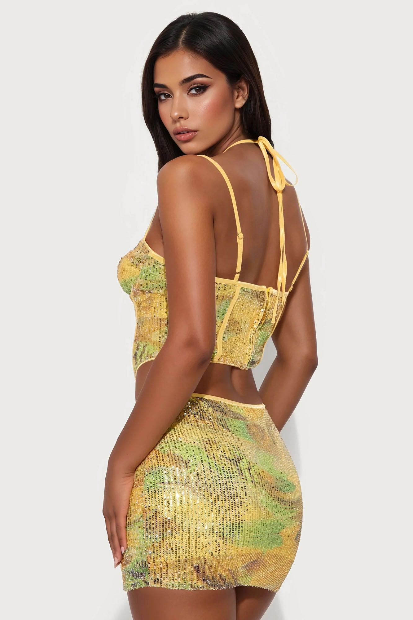 Nyomie Sequin Mini Skirt Set - Yellow/combo Female Product Image
