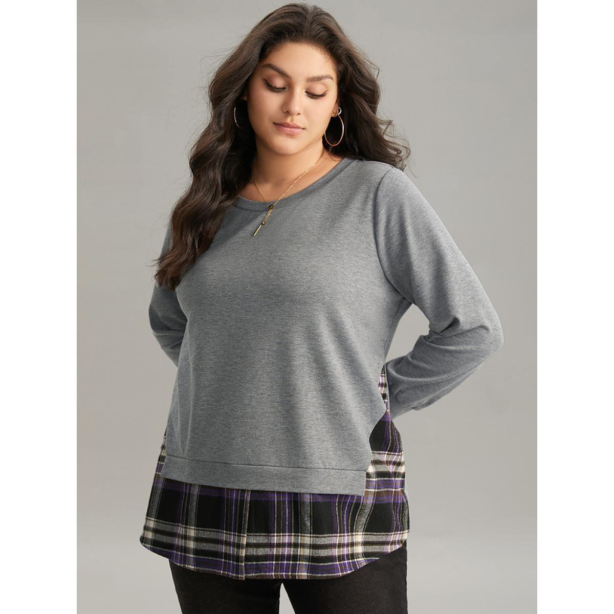 Plus Size Plaid Patchwork Contrast Crew Neck Sweatshirt Women Gray Casual Contrast Round Neck Dailywear Sweatshirts BloomChic 28/5X Product Image