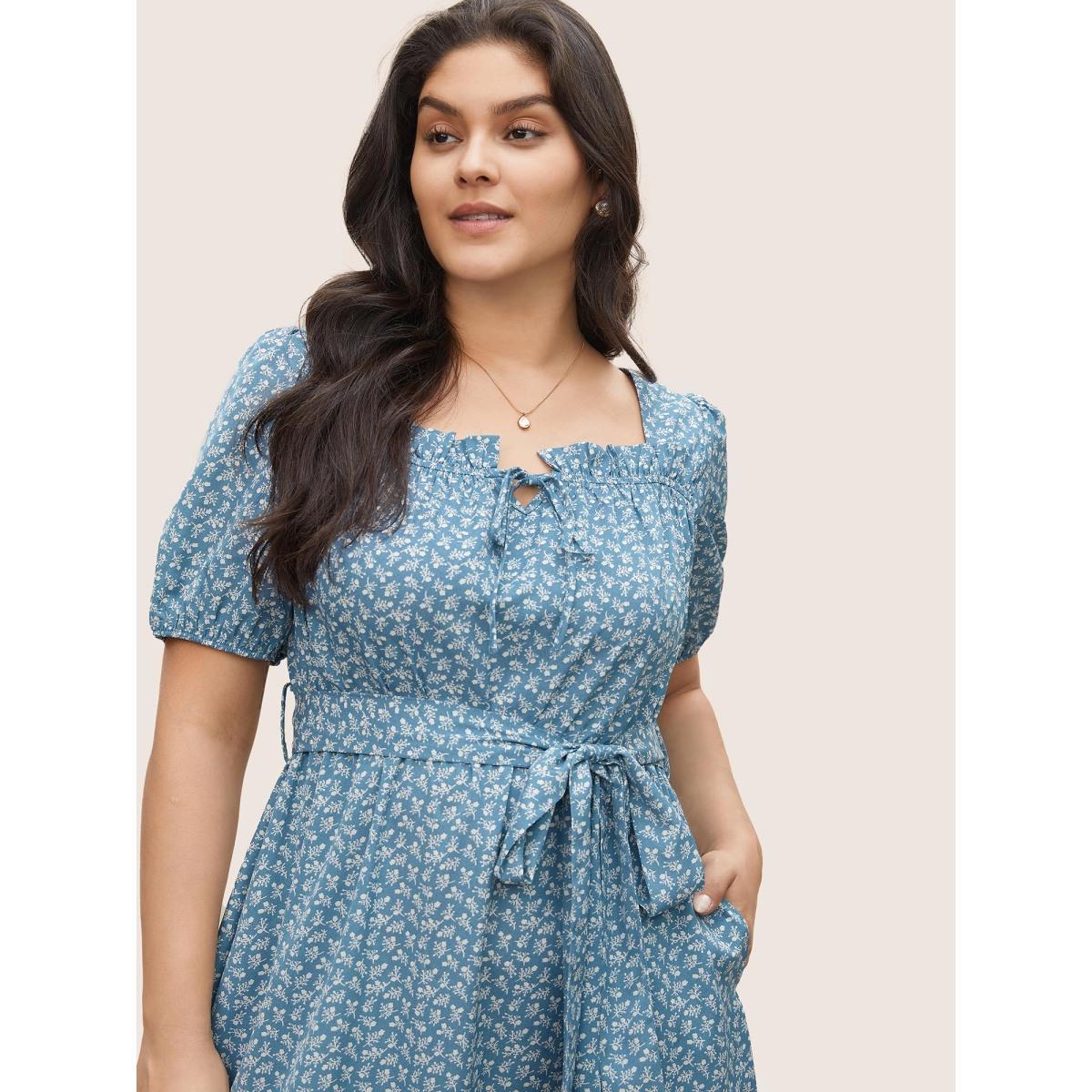 Plus Size Ditsy Floral Tie Neck Frill Trim Belted Dress Cerulean Women Elegant Non V-neck Short sleeve Curvy Midi Dress BloomChic 10/M Product Image