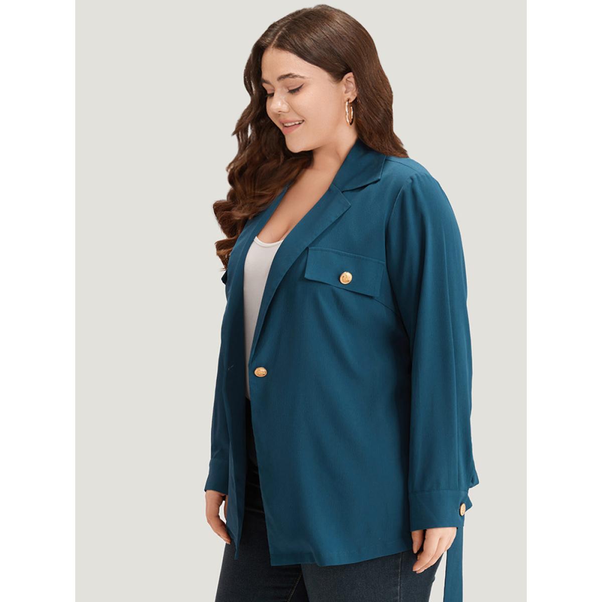 Plus Size Plain Lapel Collar Belted Metal Detail Blazer Cyan Women Dailywear Plain Plain Sleeve Long Sleeve Lapel Collar 30/6X Belt Casual Blazers BloomChic Product Image