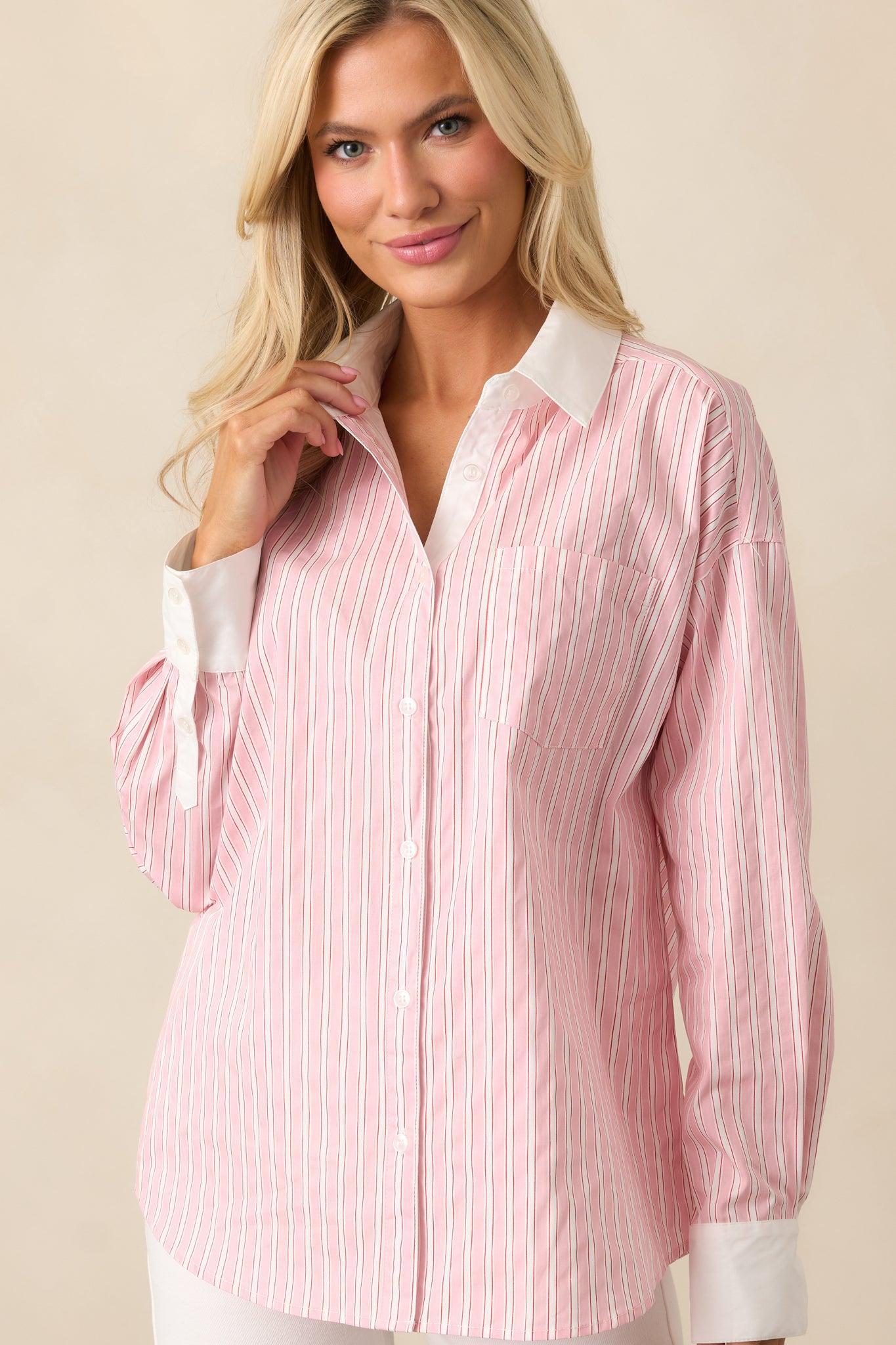 A Walk To The Bakery Pink Cotton Button Front Blouse Product Image