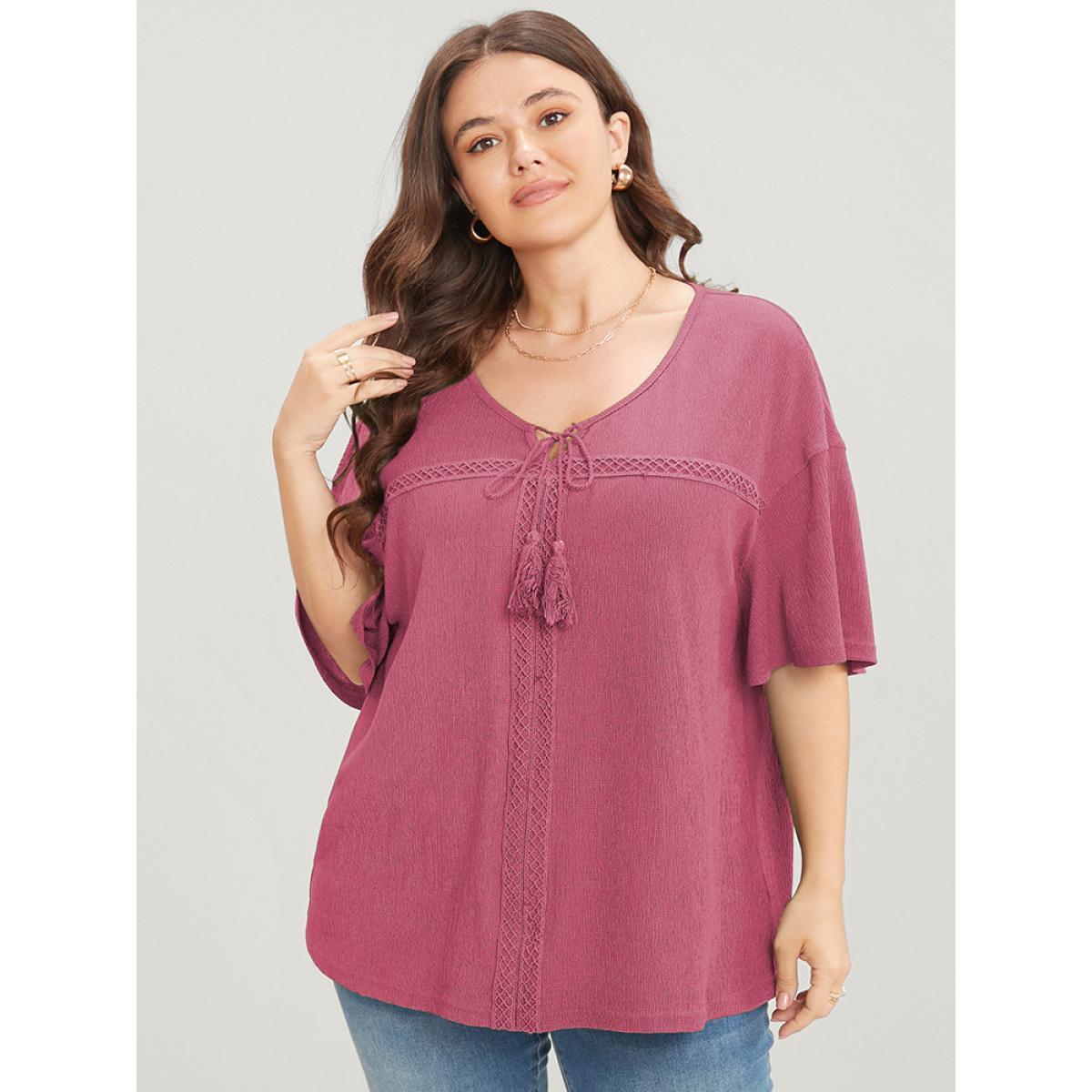 Plus Size RedViolet Solid Tassels Flounce Sleeve Lace Tie Neck Blouse Women Casual Short sleeve V-neck Dailywear Blouses BloomChic 28/5X Product Image