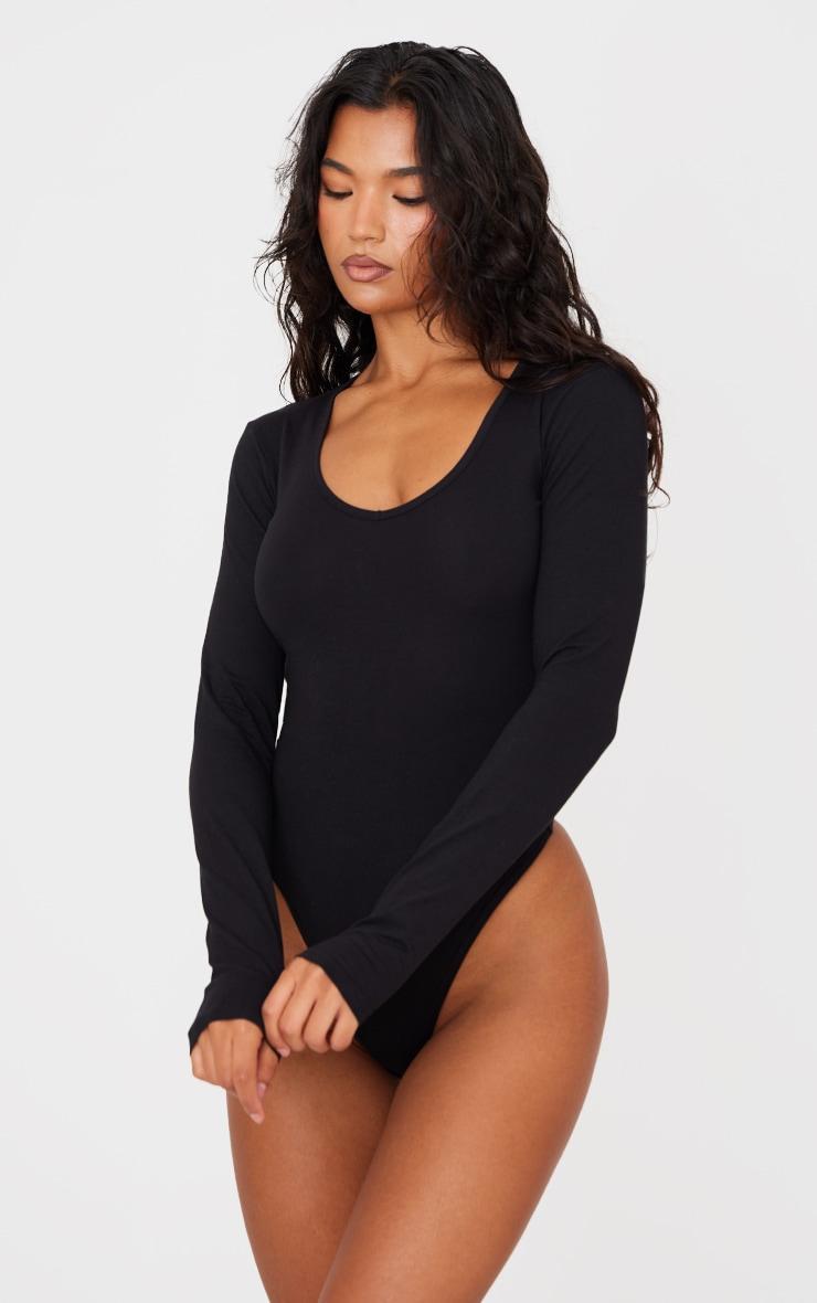 Basic Black Cotton Blend V Neck Long Sleeve Bodysuit Product Image
