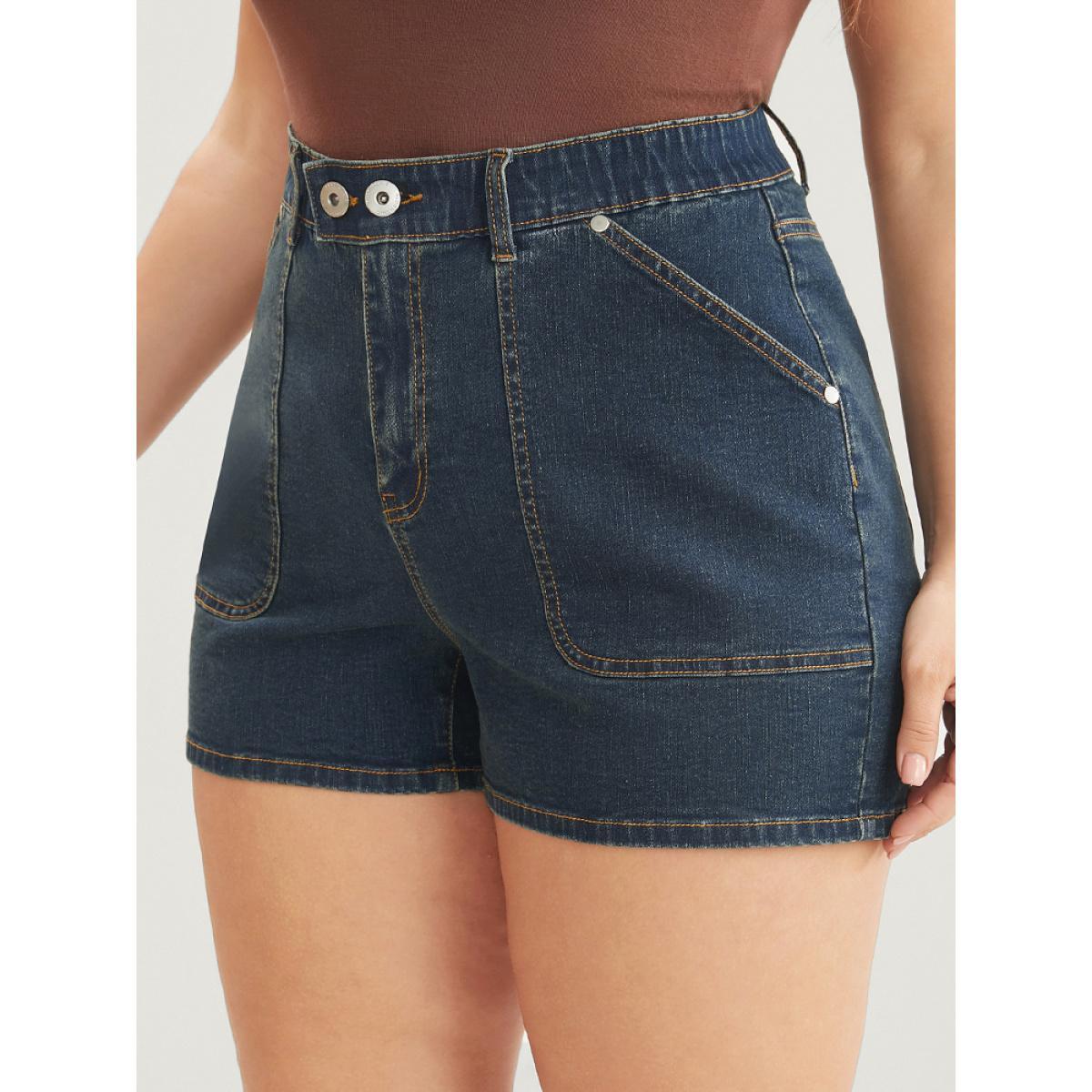 Plus Size Very Stretchy Dark Wash Pocket Denim Shorts Women Indigo Casual Plain High stretch Pocket Jeans BloomChic 30/6X Product Image