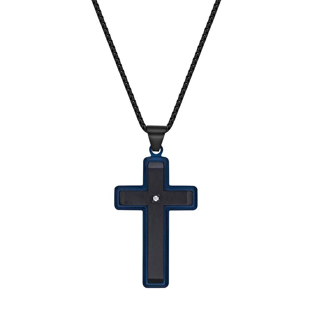 Men's LYNX Blue & Black Ion-Plated Stainless Steel Diamond Accent Cross Pendant Necklace, Size: 24" Product Image