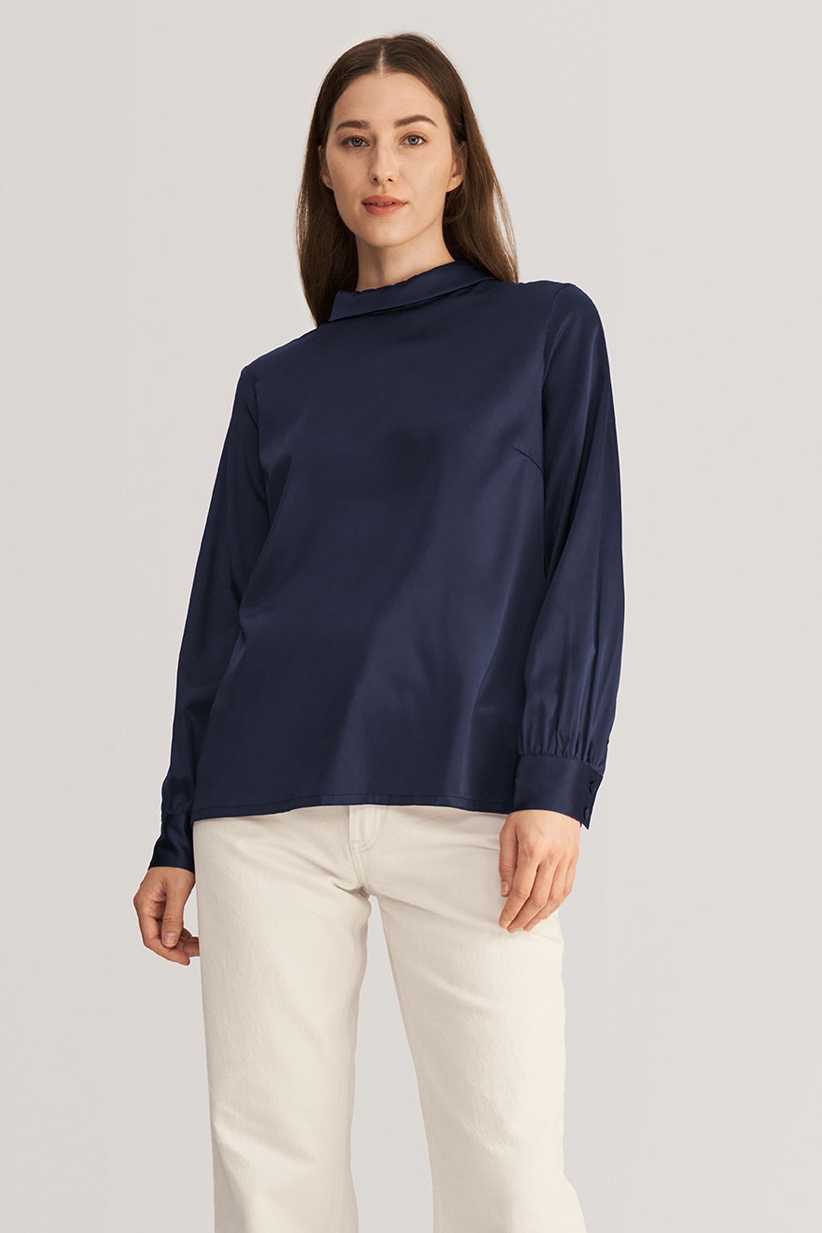 Stand Collar Long Sleeves  Silk Blouse Product Image
