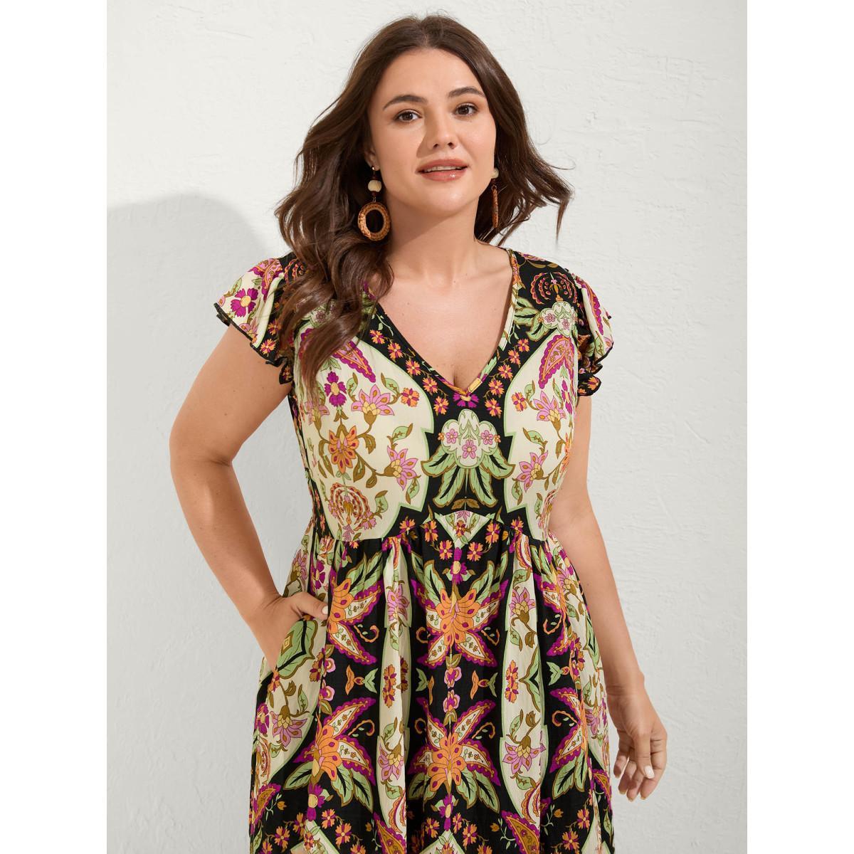 Plus Size Floral Print Ruffled Sleeve V-Neck Midi Dress Black Women V-neck Cap Sleeve Curvy BloomChic 28/5X Product Image