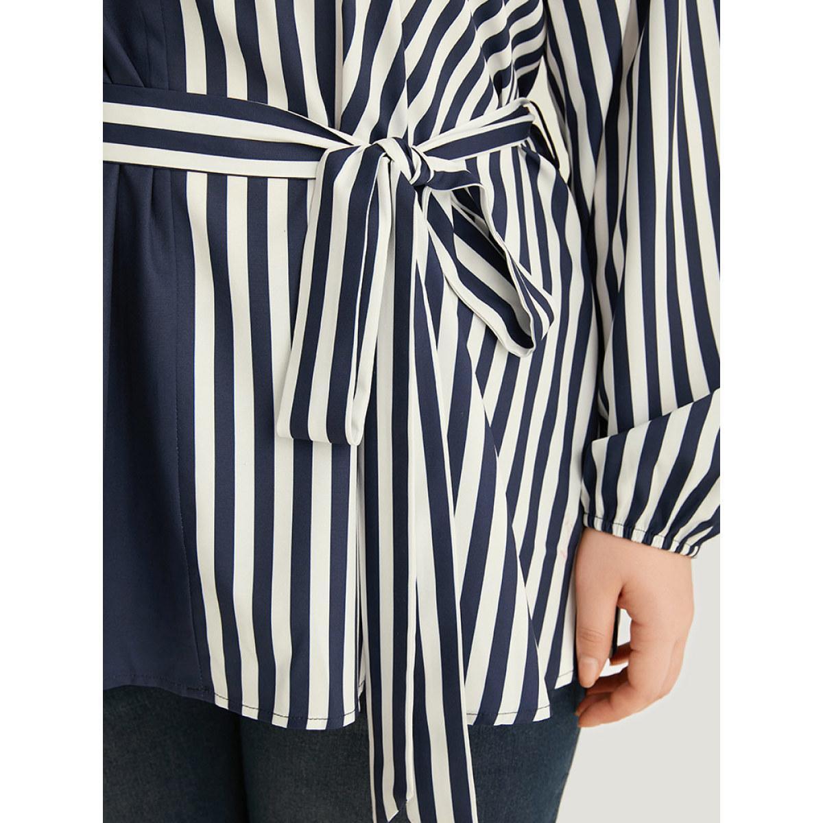 Plus Size Indigo Striped Patchwork Notched Belted Lantern Sleeve Blouse Women Office Long Sleeve V-neck Work Blouses BloomChic 28/5X Product Image