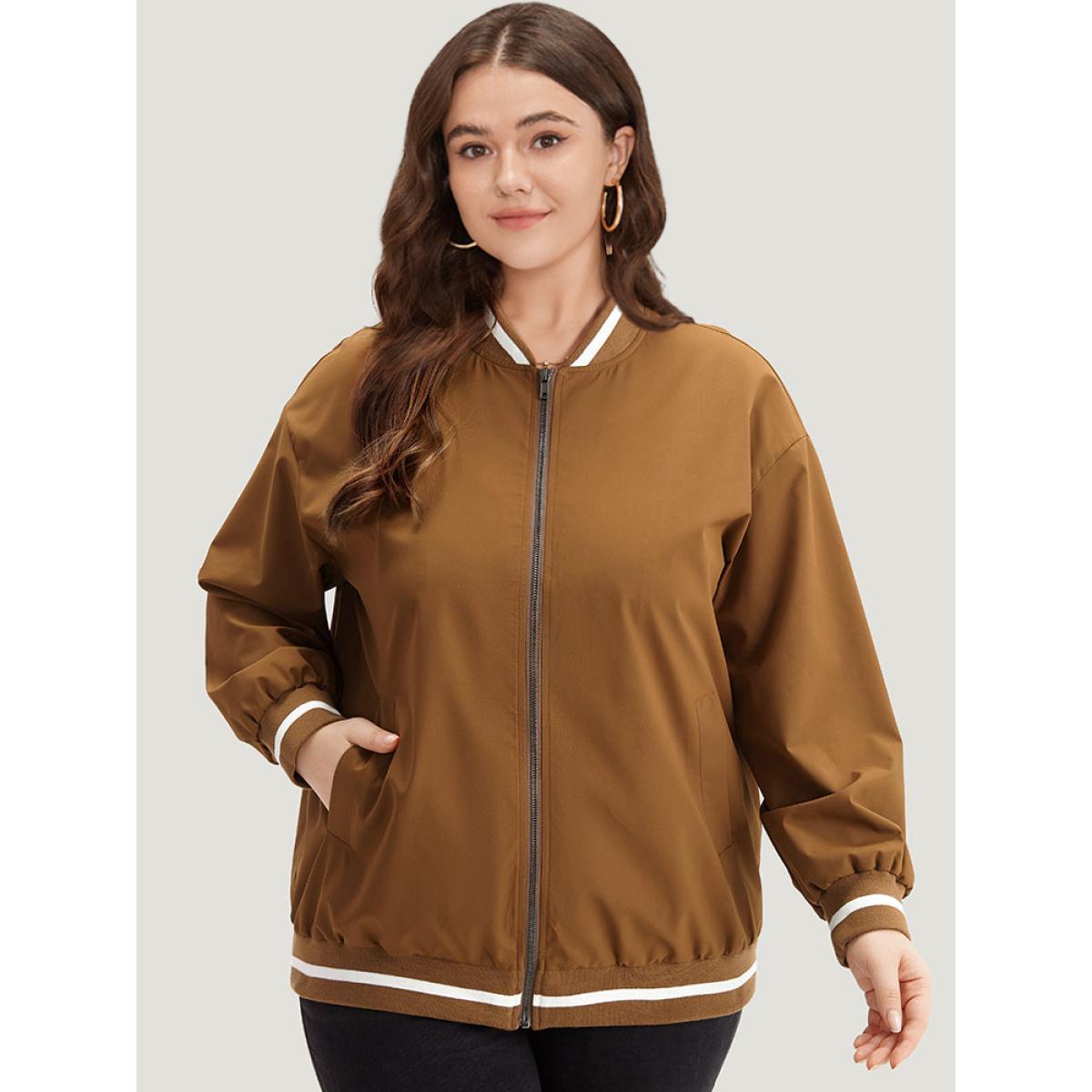 Plus Size Letter Embroidered Pocket Baseball Collar Jacket Women DarkBrown Rib Knit Pocket Dailywear Jackets BloomChic 10/M Product Image