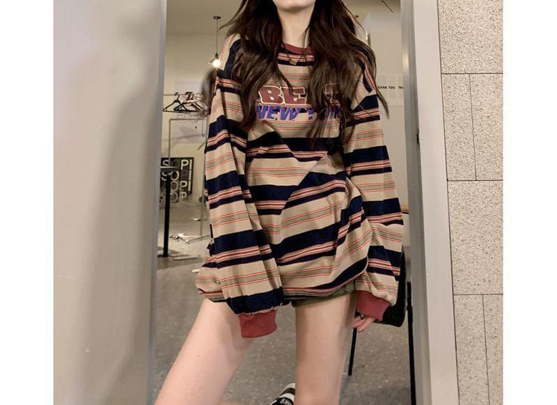 Long-Sleeve Crew Neck Striped Lettering T-Shirt Product Image