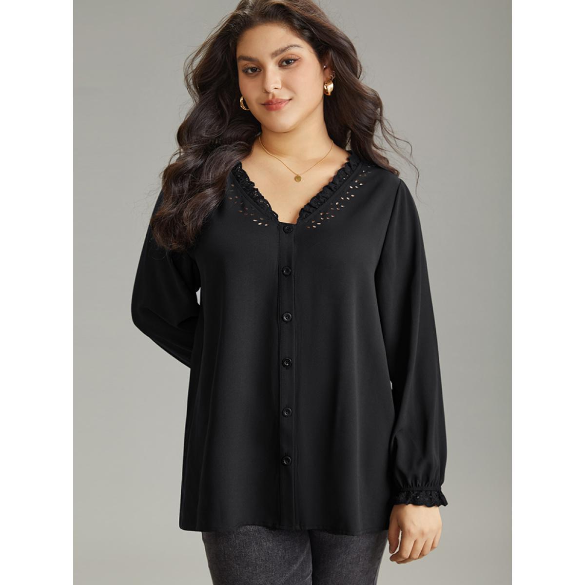 Plus Size Black Guipure Lace Laser Cut Patchwork Lantern Sleeve Blouse Women Elegant Long Sleeve V-neck Everyday Blouses BloomChic 26/4X Product Image