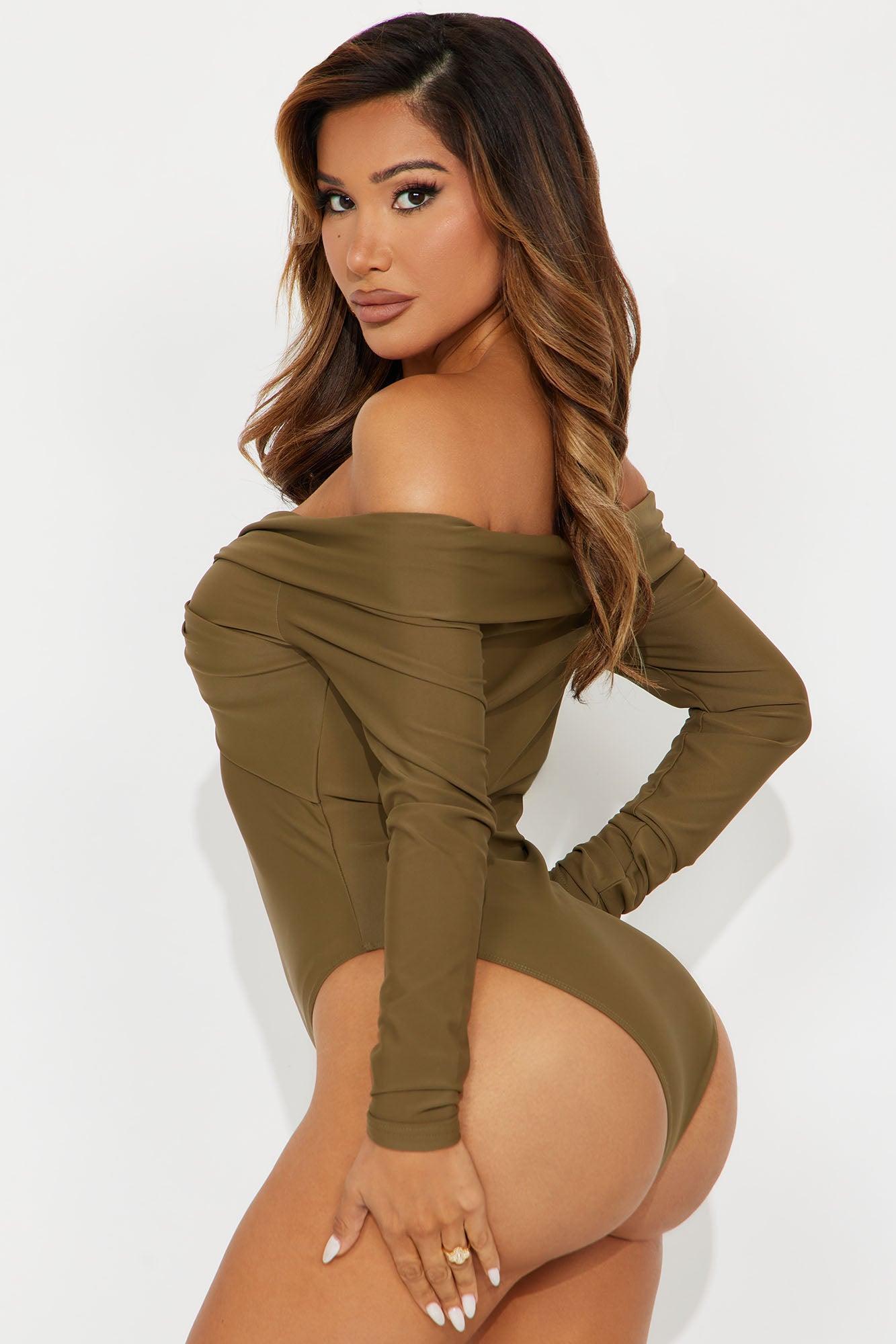 Sylvie Long Sleeve Off Shoulder Bodysuit - Olive Product Image