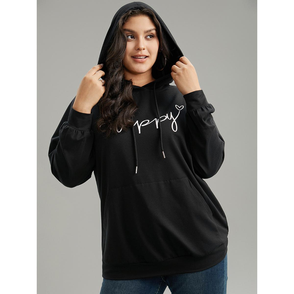 Plus Size Positive Slogans Print Kangaroo Pocket Hooded Sweatshirt Women Black Casual Printed Dailywear Sweatshirts BloomChic 22-24/3X Product Image