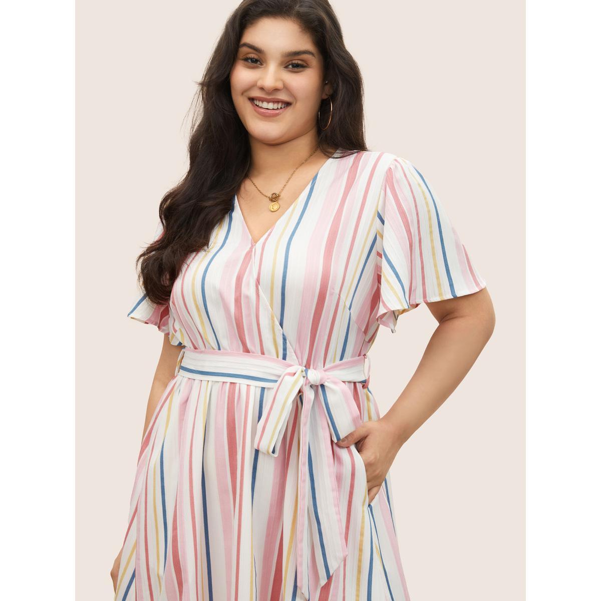 Plus Size Striped Wrap Patchwork Belted Frill Trim Dress White Women Casual Non Overlap Collar Short sleeve Curvy Midi Dress BloomChic 14-16/1X Product Image