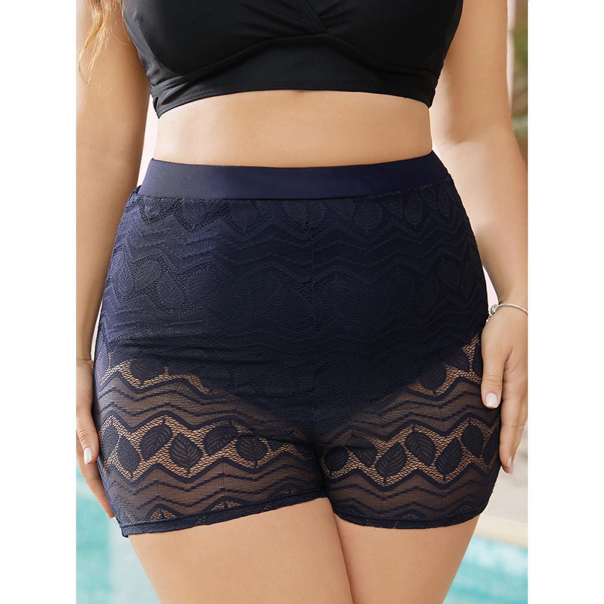 Plus Size Leaf Print Contrast Lace Very Stretchy Swim Shorts Women's Swimwear Indigo Vacation Tummy control High stretch Skinny High Rise Curve Swim Bottoms BloomChic 14-16/1X Product Image