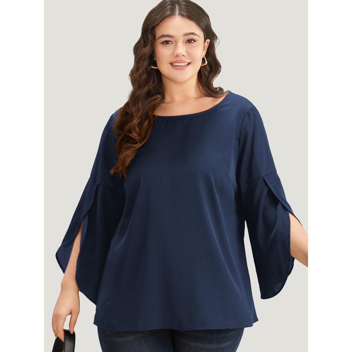Plus Size DarkGreen Plain Wrap Flutter Sleeve Crew Neck Blouse Women Office Elbow-length sleeve Round Neck Work Blouses BloomChic 22-24/3X Product Image