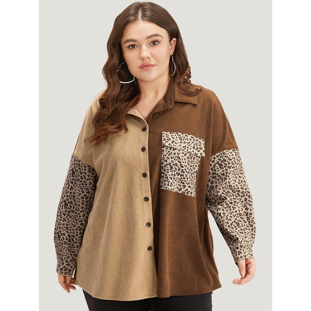 Plus Size Leopard Patchwork Pocket Contrast Button Through Coat Women DarkBrown Texture Pocket Dailywear Jackets BloomChic 22-24/3X Product Image