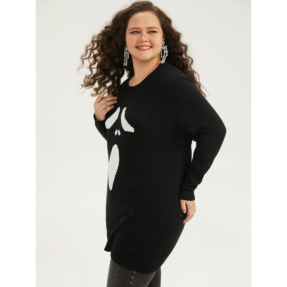 Plus Size Supersoft Essentials Halloween Ghost Face Print Pullover Black Women Casual Loose Long Sleeve Round Neck Festival-Halloween Pullovers BloomChic 10/M Product Image