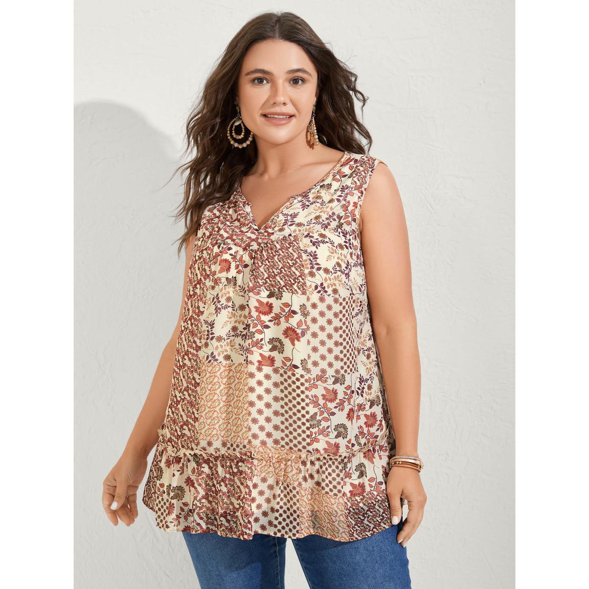 Plus Size Chiffon Boho Collage Flowy Tank Top Women Apricot Gathered Notched collar Vacation Tank Tops Camis BloomChic 14-16/1X Product Image