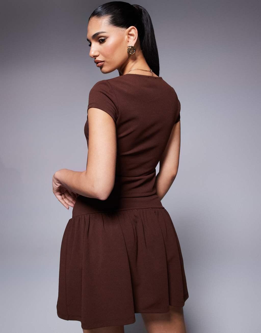 ASOS DESIGN square neck cap sleeve top in chocolate - part of a set Product Image