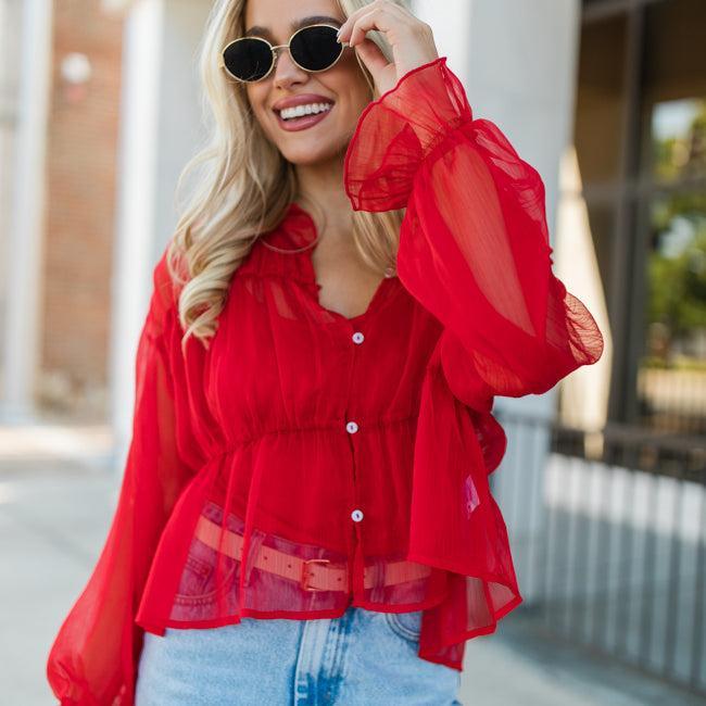 Breathe Deeper Red Sheer Ruched Blouse FINAL SALE Product Image