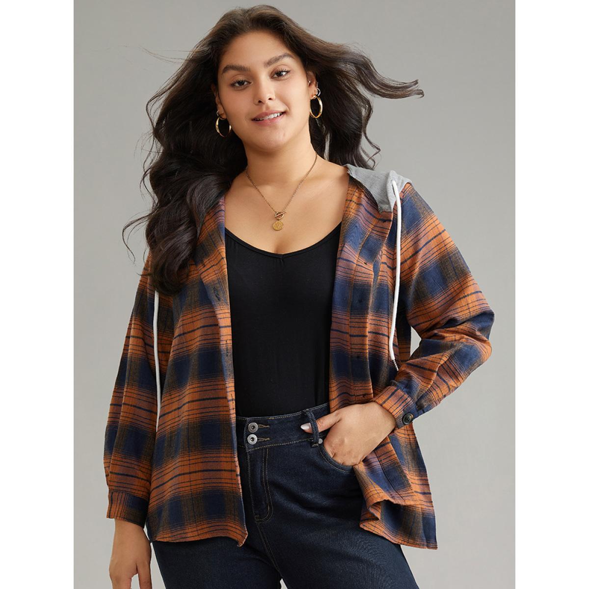 Plus Size Plaid Patchwork Hooded Drawstring Button Through Jacket Women Chocolate Dailywear Jackets BloomChic 10/M Product Image