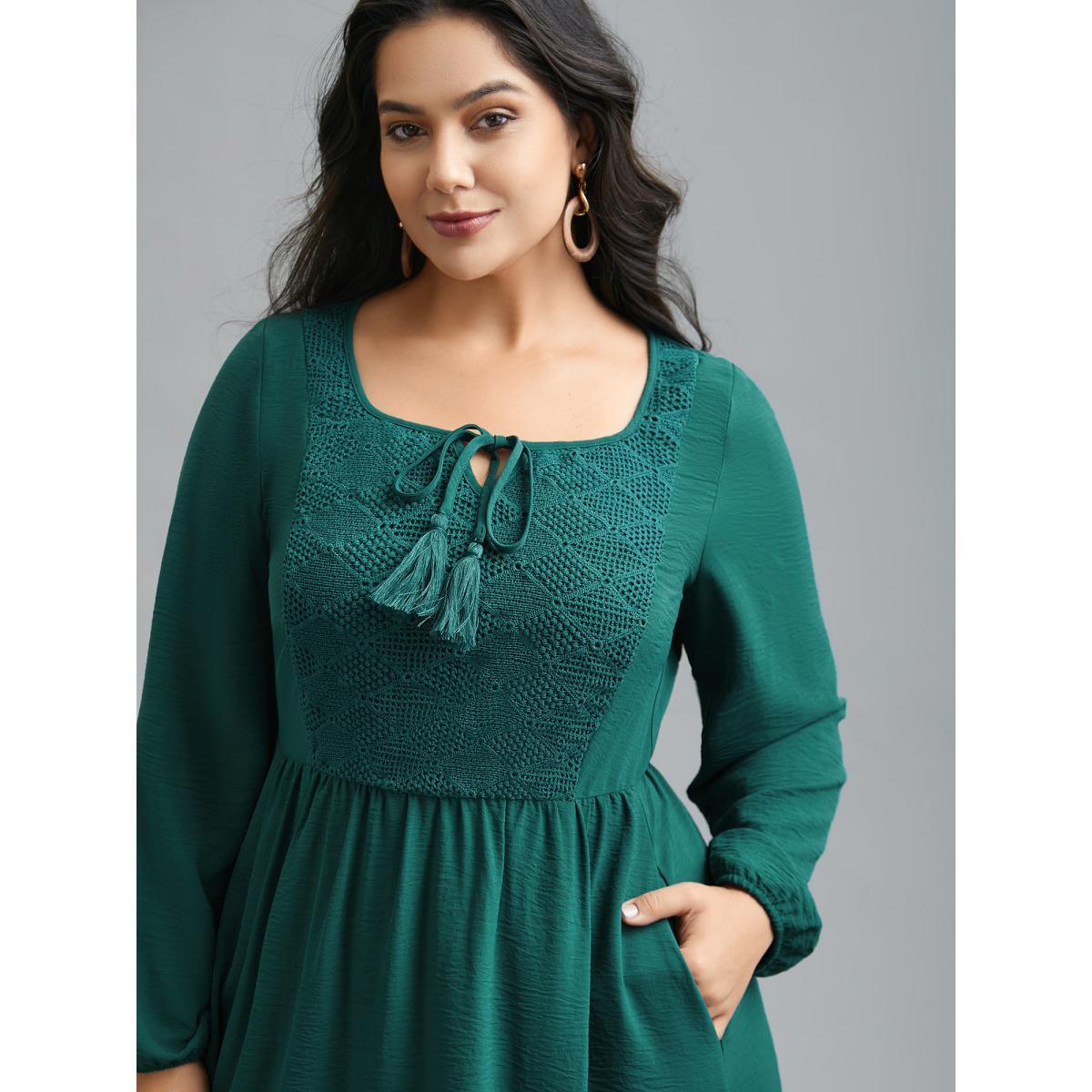 Plus Size Lace Neck Detail Tassels Midi Dress DarkGreen Women Resort Tie knot Square Neck Long Sleeve Curvy BloomChic 18-20/2X Product Image